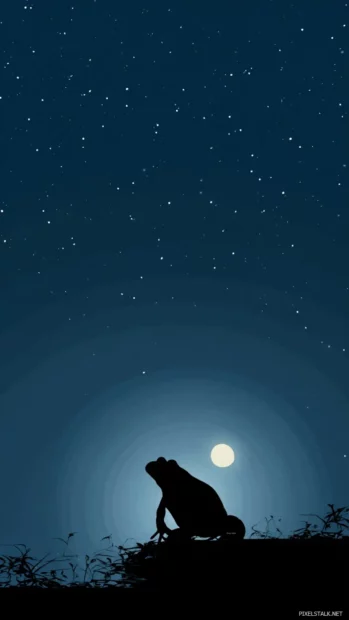 Minimalist Frog Phone Wallpaper showing a frog looking at the moon with sparkles in a soft blue night sky.
