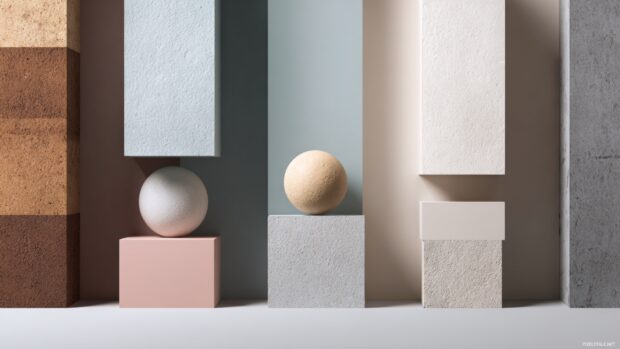 Minimalist Geometric forms aligned in a grid layout with subtle textures and pastel tones.