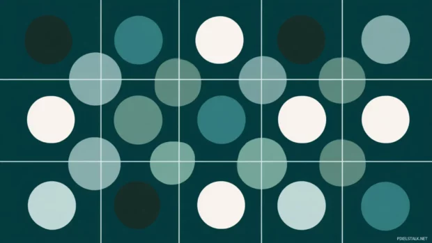 Minimalist Geometric layout using repeating circles and squares in a structured grid.