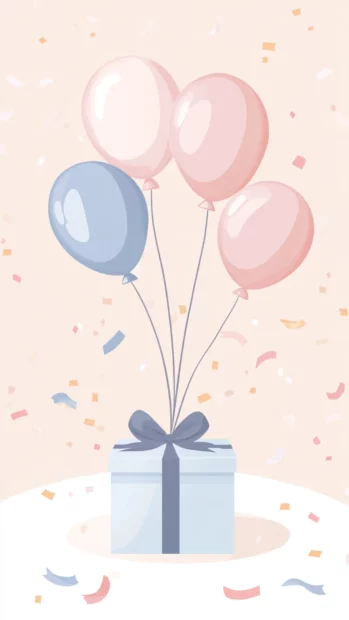 Minimalist aesthetic birthday setup with pastel balloons and ribbons.