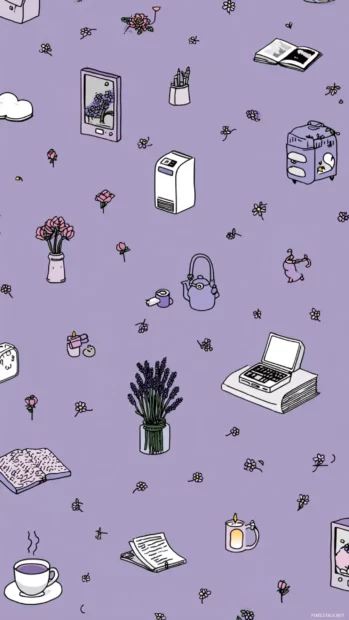Minimalist aesthetic lavender wallpaper featuring tiny images of daily quiet moments.