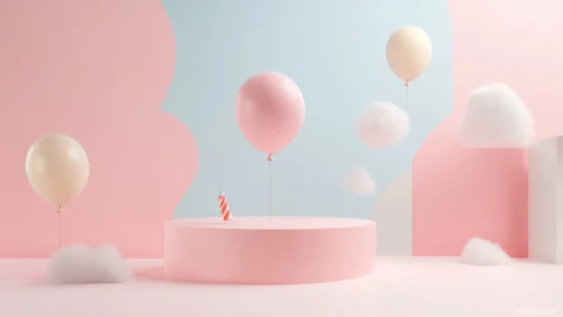 Minimalist birthday balloon layout with pastel backgrounds.