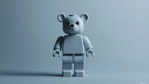 Minimalist composition featuring a Bearbrick toy centered on a soft gray backdrop.