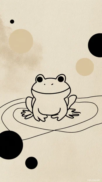 Minimalist composition featuring a smiling Aesthetic Frog at the center with simple shapes and cream background.