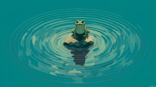 Minimalist design of Froggy sitting on a rock surrounded by geometric water ripples.