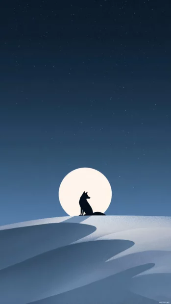 Minimalist iPhone wallpaper with an Arctic Fox silhouette on a snowy hill under a full moon, clean and elegant design.