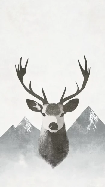 Minimalist image of a cool deer with simple mountain shapes behind.