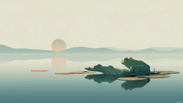 Minimalist landscape with Froggy lying on a floating leaf, calm water and subtle gradients.
