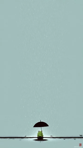 Minimalist vertical scene of Froggy sitting under a small umbrella during light rain.