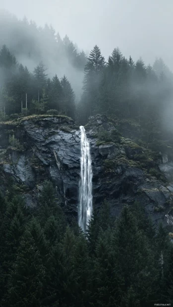 Minimalist waterfall wallpaper iPhone portraying single vertical cascade over smooth dark stone with foggy forest behind.