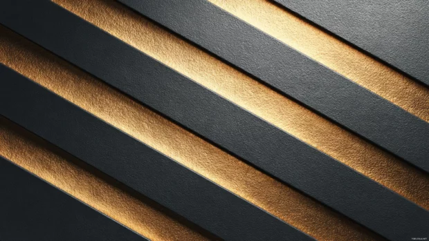 Minimalistic gold geometric stripes arranged diagonally across a smooth dark surface.