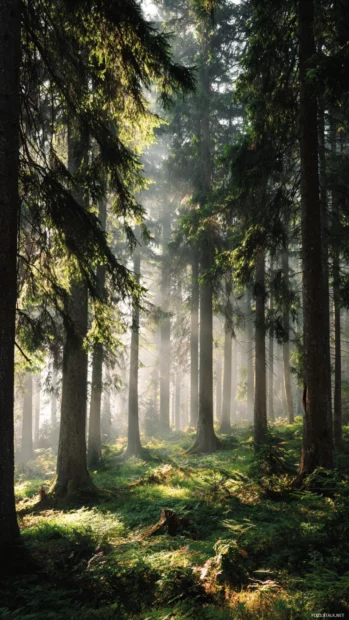 Misty fall forest wallpaper iPhone version capturing vertical scene of foggy evergreen forest pierced by soft sunlight.