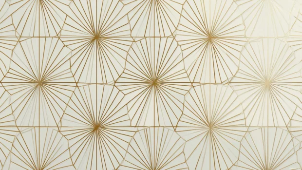 Modern Gold Geometric Wallpaper featuring sleek diagonal bars and glowing triangular facets on soft ivory.