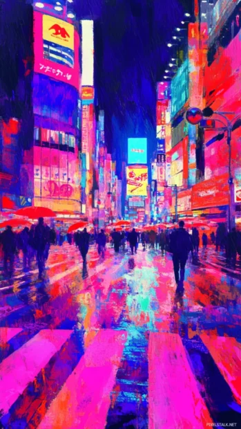Modern Japan iPhone wallpaper showing the vibrant neon lights of Tokyo Shibuya crossing at night.