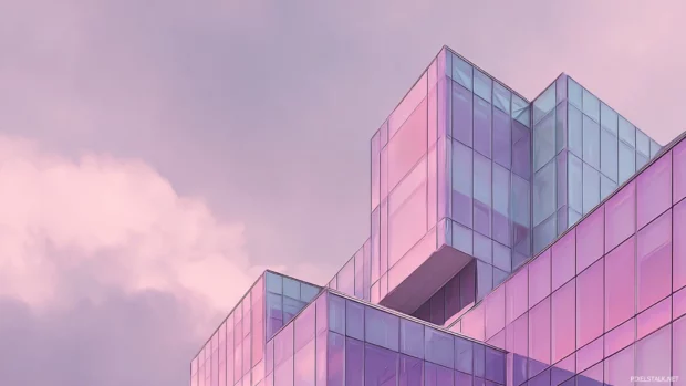 Modern architecture wrapped in soft lavender color, glass reflections and gentle contrast.