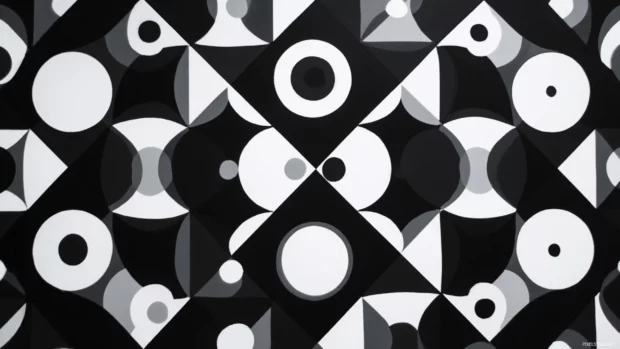Modern black and white geometric wallpaper illustrating a seamless mosaic of diamonds and circles in high contrast.