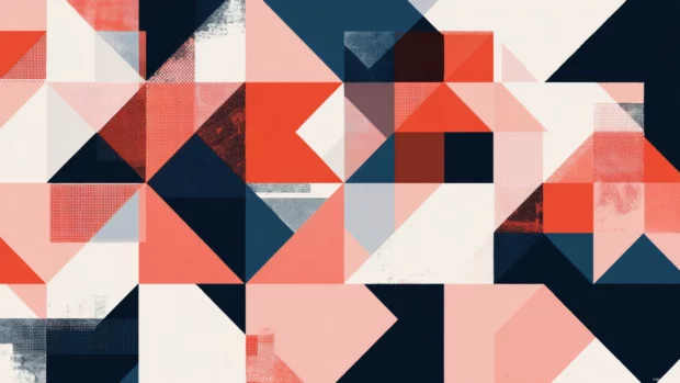 Modern geometric art wallpaper blending abstract triangular composition with bold coral and navy contrast.