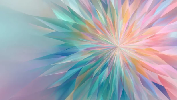 Modern geometric desktop wallpaper rendering radial polygon burst effect on faded pastel gradient background.