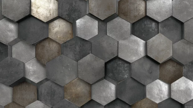 Modern geometric hexagon wallpaper showing honeycomb array in metallic silver and charcoal finish.