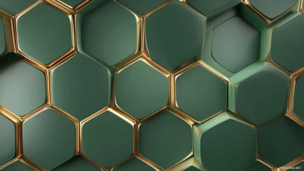 Modern green geometric wallpaper illustrating clean hexagon grid with metallic sheen and polished finish.