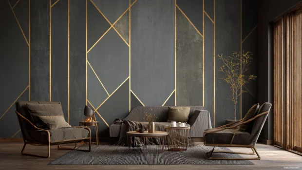Modern luxury wallpaper mural style combining geometric gold lines on matte charcoal wall for refined contemporary space.