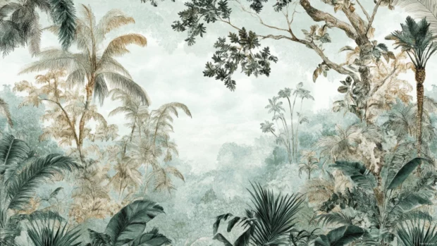 Monkey Wallpaper designed with a jungle canopy perspective, light filtering through trees.