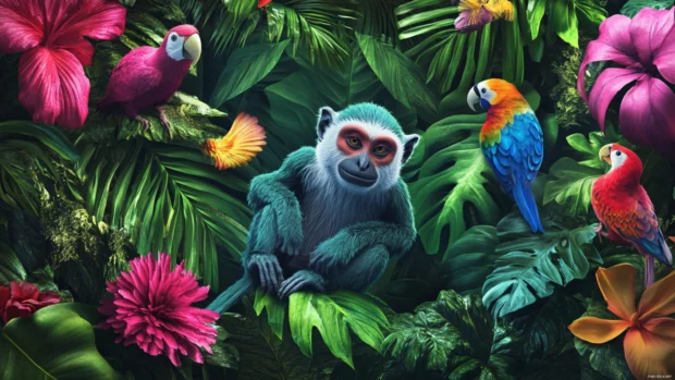 Monkey Wallpaper surrounded by vivid rainforest plants and colorful birds, perfect for desktop 4K screens.