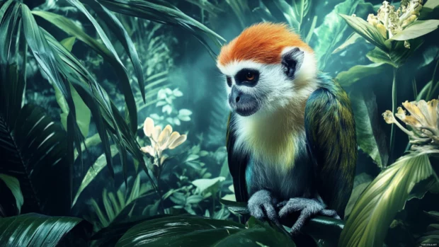 Monkey Wallpaper with tropical jungle background and detailed fur textures, 4K ultra sharp.