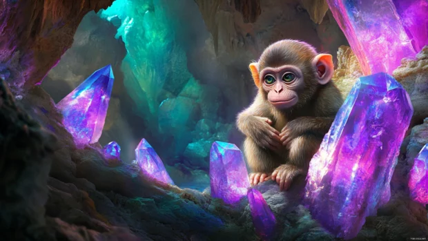 Monkey exploring a hidden cave filled with glowing crystals.