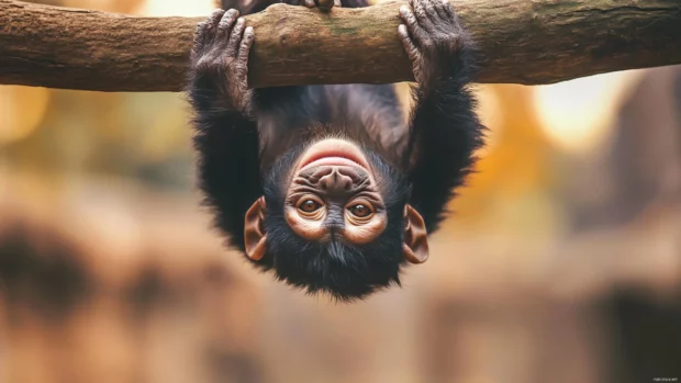Monkey hanging upside down from a sturdy tree branch smiling.