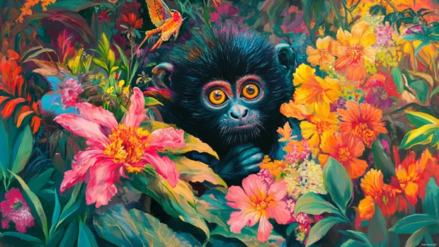 Monkey playing hide and seek among colorful jungle flowers.