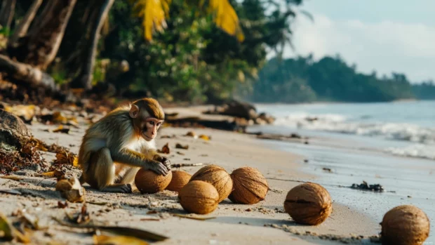 Monkey playing with fallen coconuts on a tropical island shore.