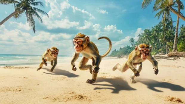 Monkey racing playfully across a sandy beach near palm trees.