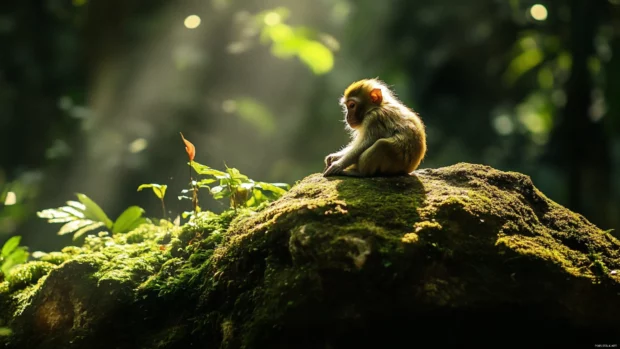Monkey resting peacefully on a sunlit rock surrounded by moss.