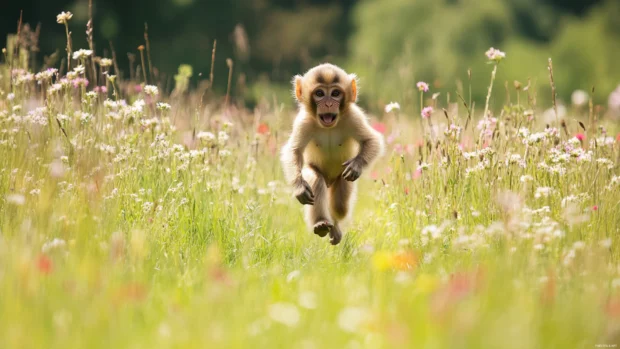 Monkey running playfully through a field of tall grass and wildflowers.