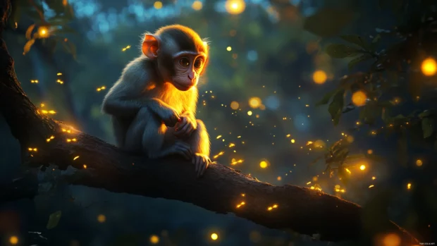 Monkey sitting on a tree branch surrounded by glowing fireflies in the twilight forest.