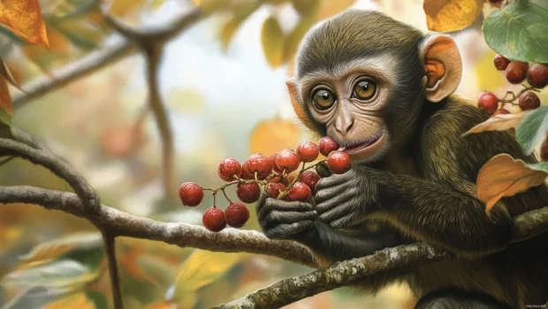 Monkey snacking on berries in a quiet shaded grove.
