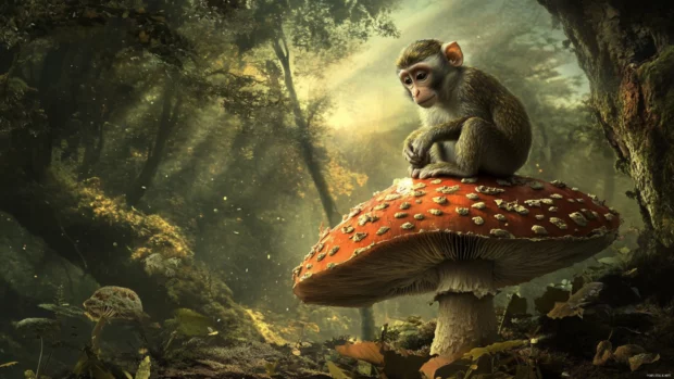 Monkey standing tall on a giant mushroom in a magical forest.