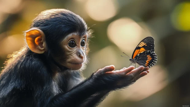 Monkey staring curiously at a butterfly resting on its hand.