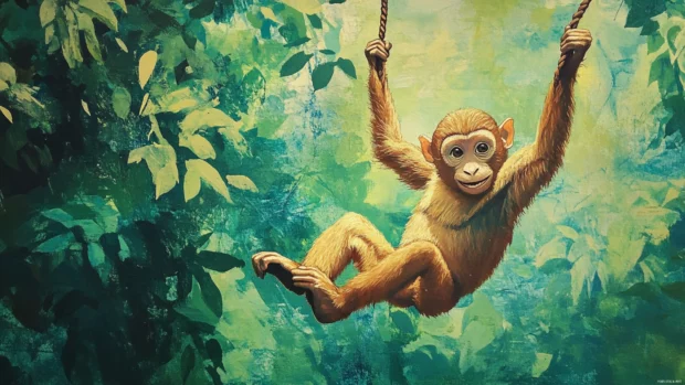 Monkey swinging joyfully on vines above a dense rainforest canopy.