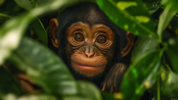 Monkey with a mischievous grin peeking out from behind jungle vines.