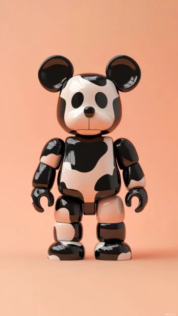 Monochrome Bearbrick visual on a uniform peach background.