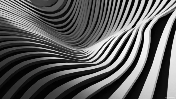 Monochrome geometric wallpaper black white showcasing a cascading wave of parallel stripes on matte background.
