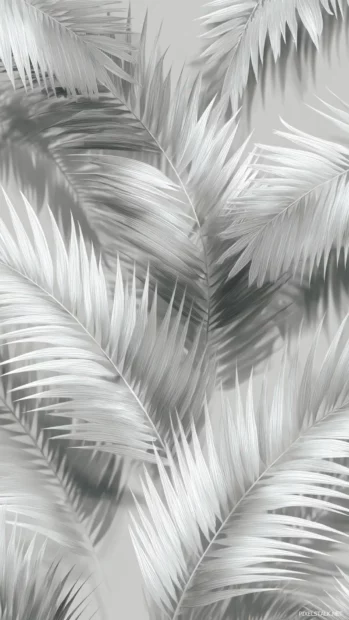 Monochrome palm leaf pattern wallpaper mobile with scattered palm fronds on soft light grey vertical canvas.