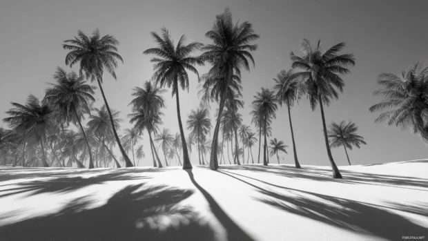 Monochrome palm tree 4k wallpaper depicting dramatic palm grove with deep shadows on bright white sand.