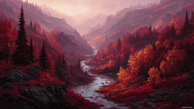 Moody Dark Fall river valley with winding streams, dense trees in shades of deep red and orange, quiet ambiance.