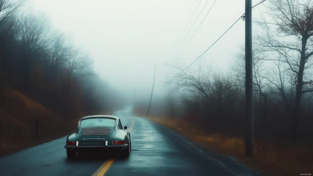 Moody Vintage Porsche wallpaper capturing a foggy morning scene with a lone vintage Porsche on a quiet road.