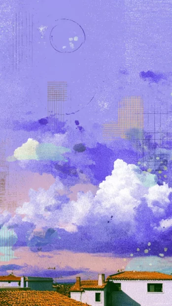 Moody vertical collage with lavender clouds, rooftops and minimal doodles.