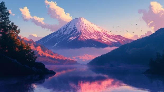 Mount Fuji glowing in the gentle light of dawn as the first rays of the sun touch the peak.