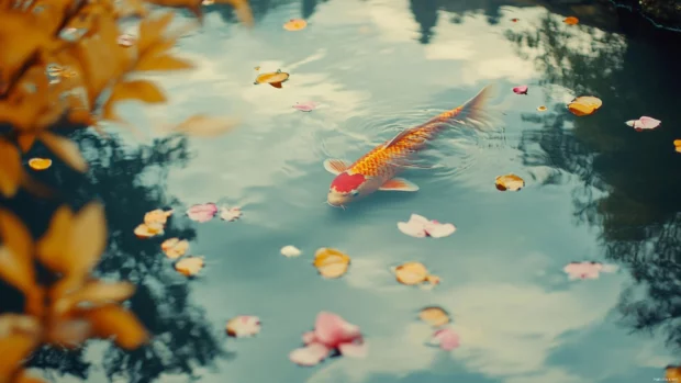Mount Fuji reflecting in a quiet pond where koi fish swim lazily beneath floating petals.